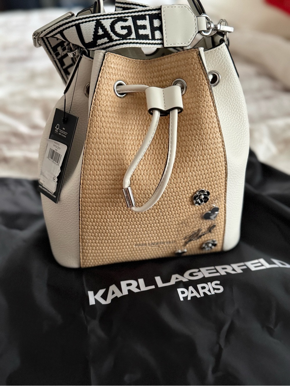 Karl Lagerfeld White & Tan Woven Bucket Bag
